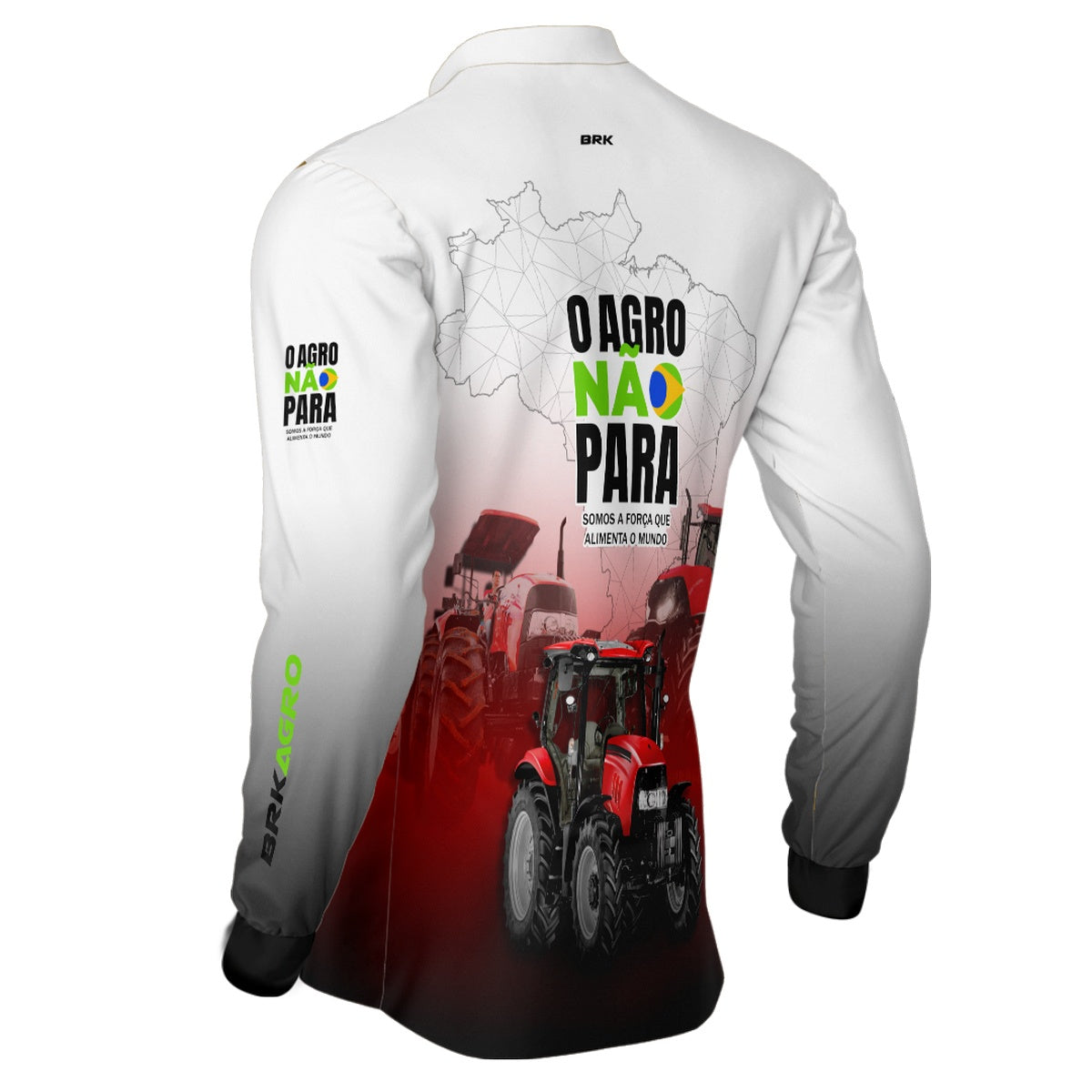 Camisa Agro Brk Branca e Vermelha O Agro Não Para com Proteção Solar UV50+