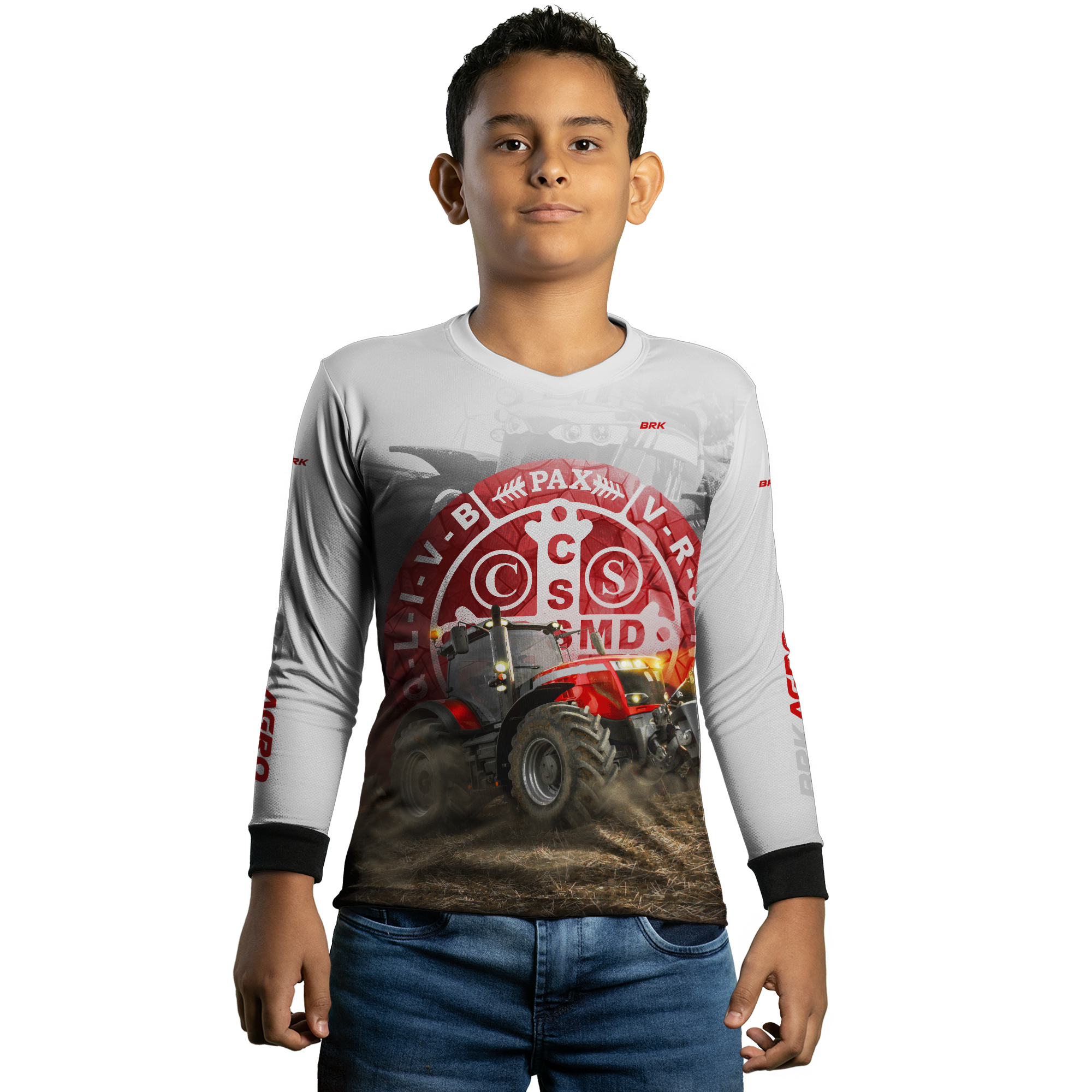 Camisa Agro Brk Trator São Bento Branco e Vermelho com Proteção Solar UV50+