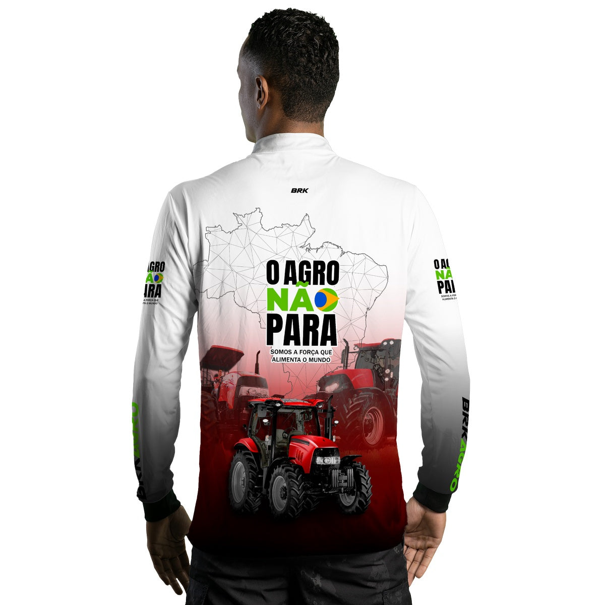 Camisa Agro Brk Branca e Vermelha O Agro Não Para com Proteção Solar UV50+