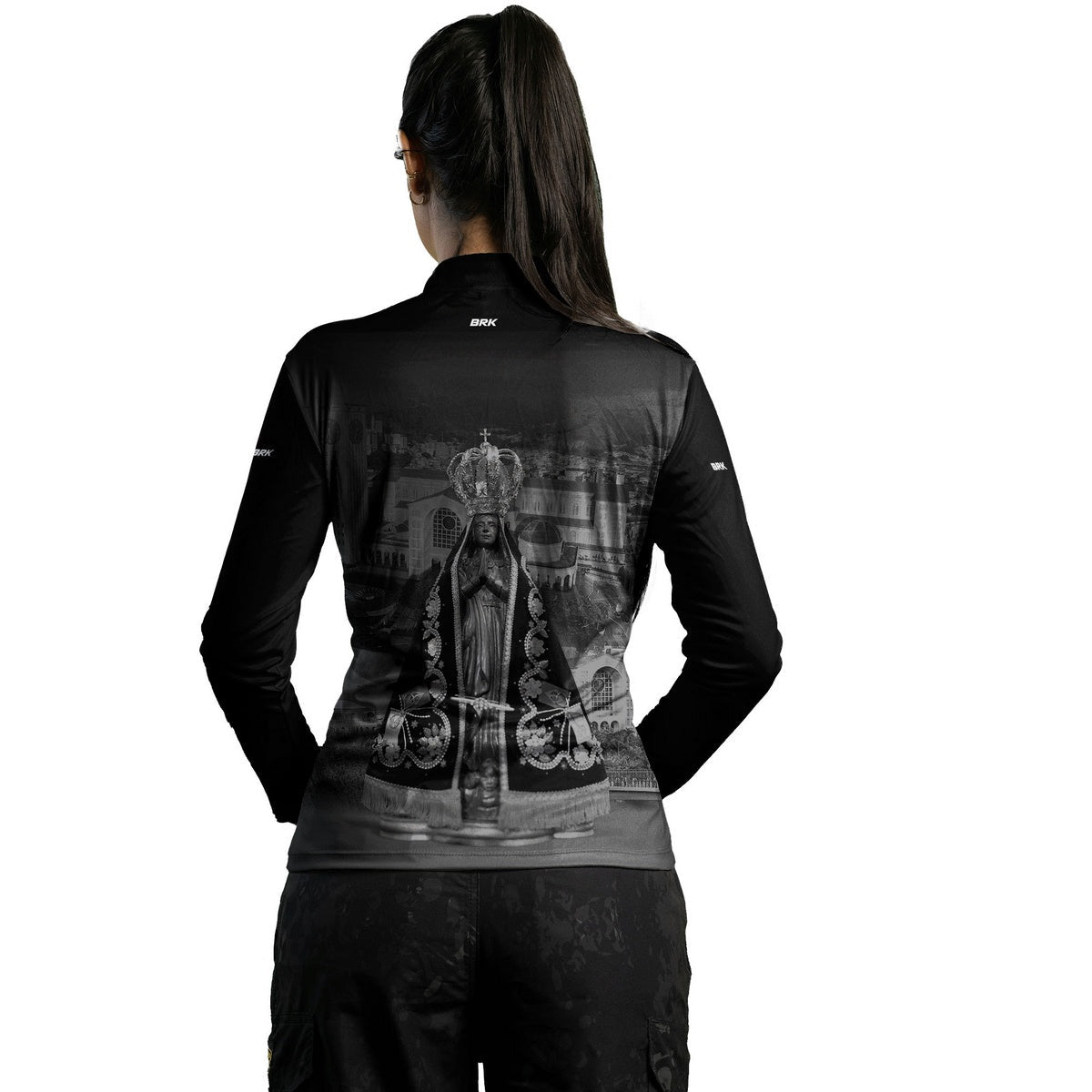 Camisa Agro Feminina Brk Preta Nossa Senhora Aparecida com Proteção Solar UV50+