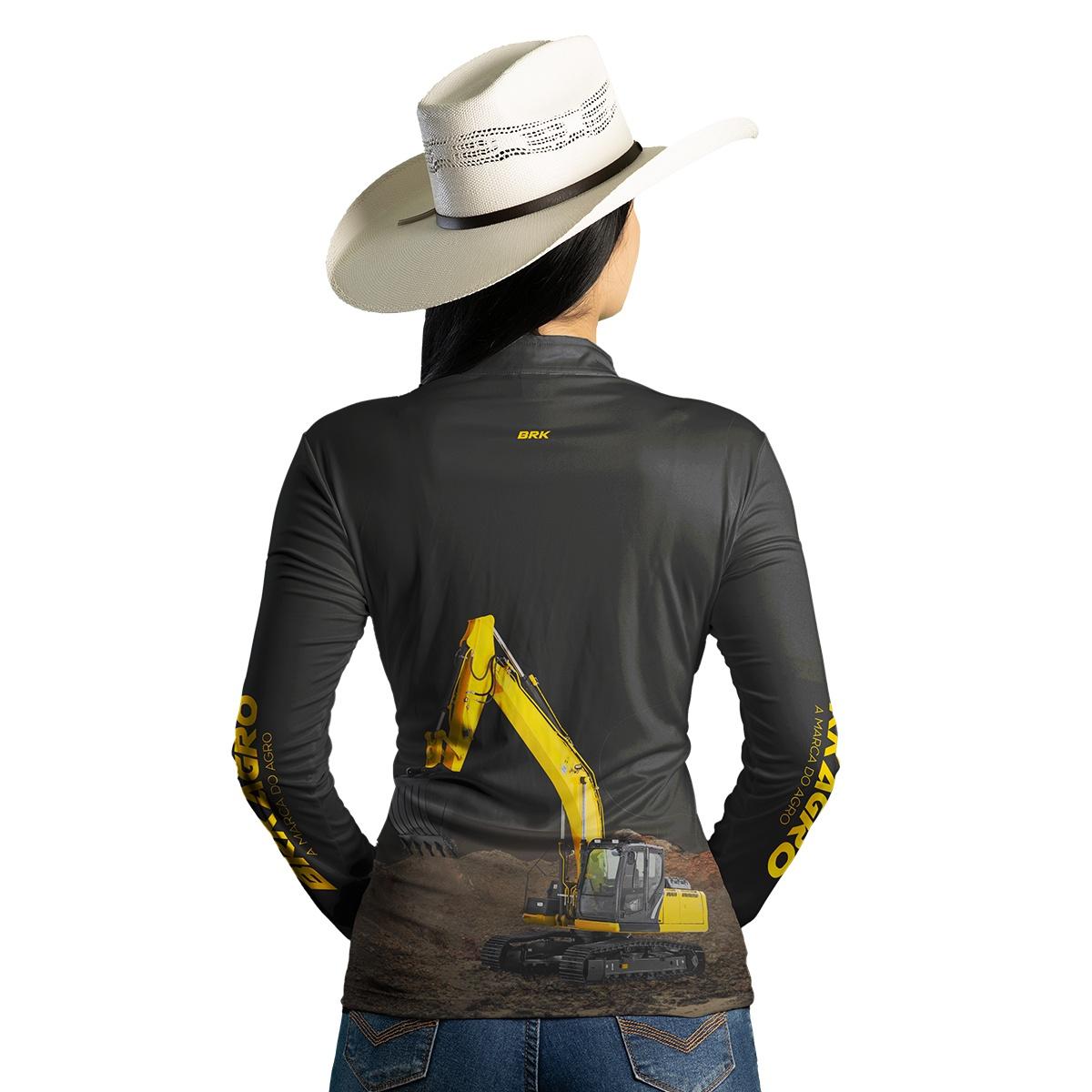 Camisa Agro Feminina Brk Amarela e Preta Escavadeira com UV50+
