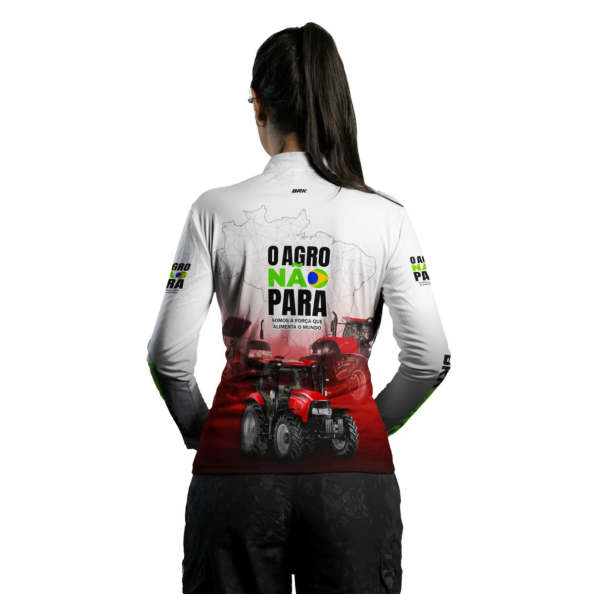 Camisa Agro Brk Branca e Vermelha O Agro Não Para com Proteção Solar UV50+