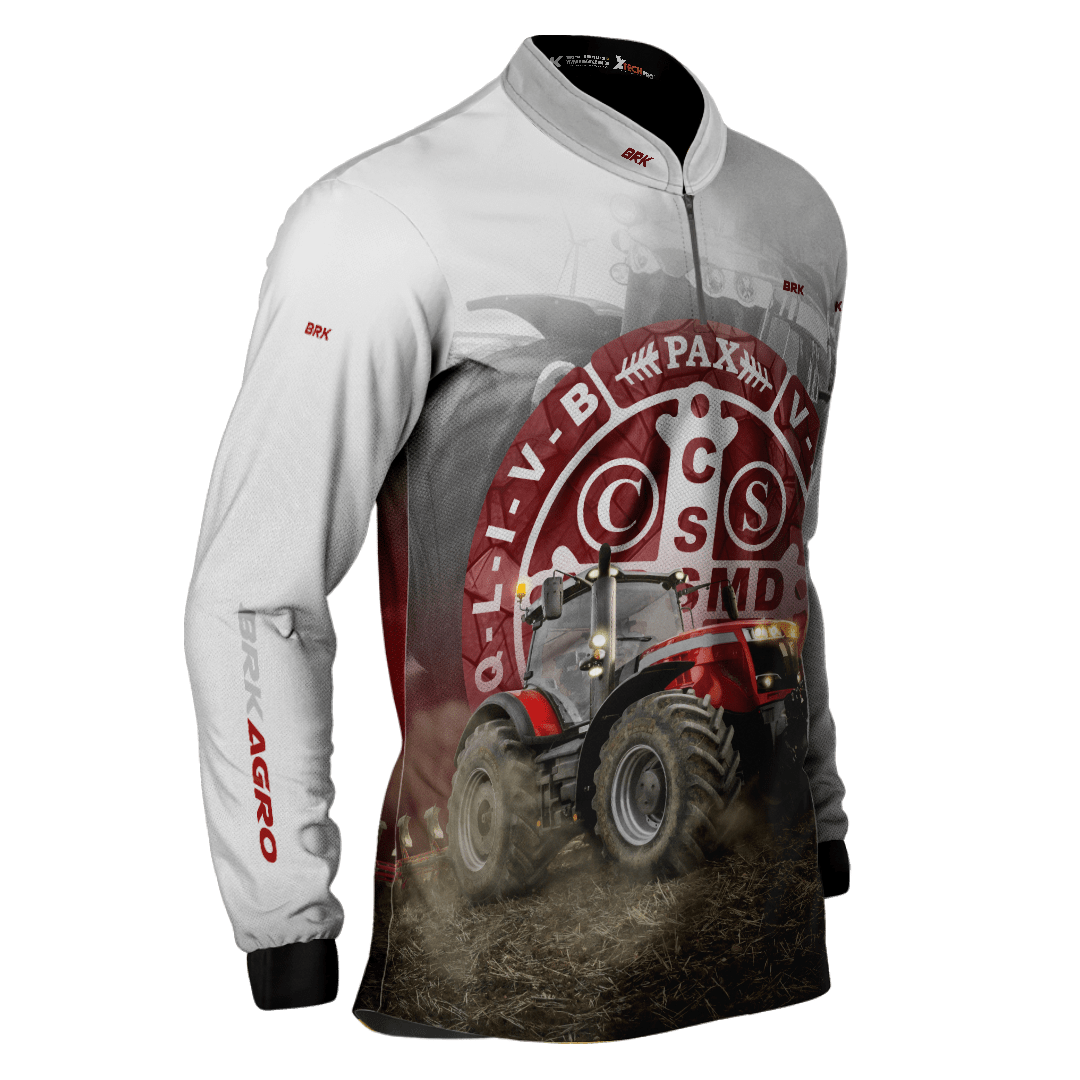 Camisa Agro Brk Trator São Bento Branco e Vermelho com Proteção Solar UV50+