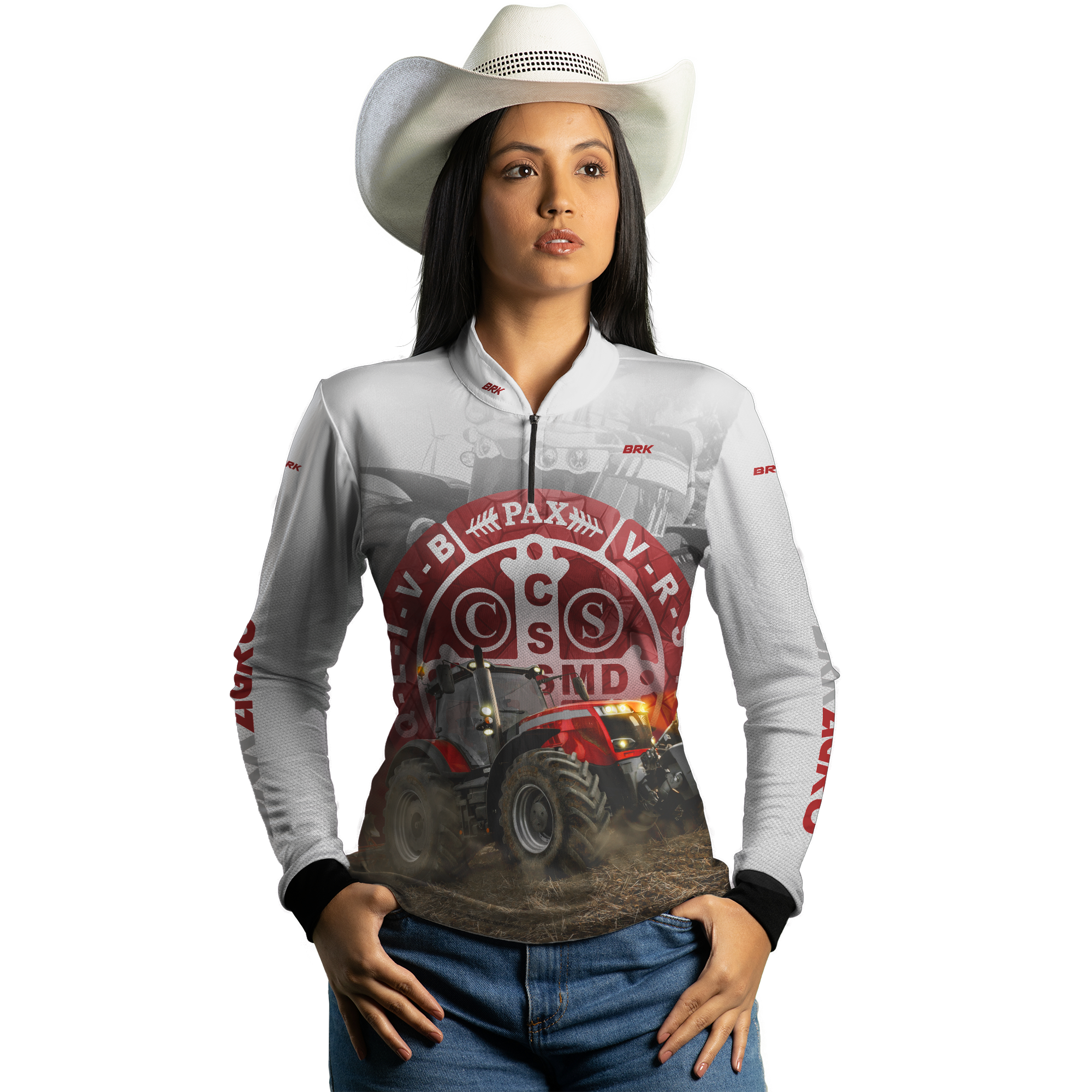 Camisa Agro Brk Trator São Bento Branco e Vermelho com Proteção Solar UV50+