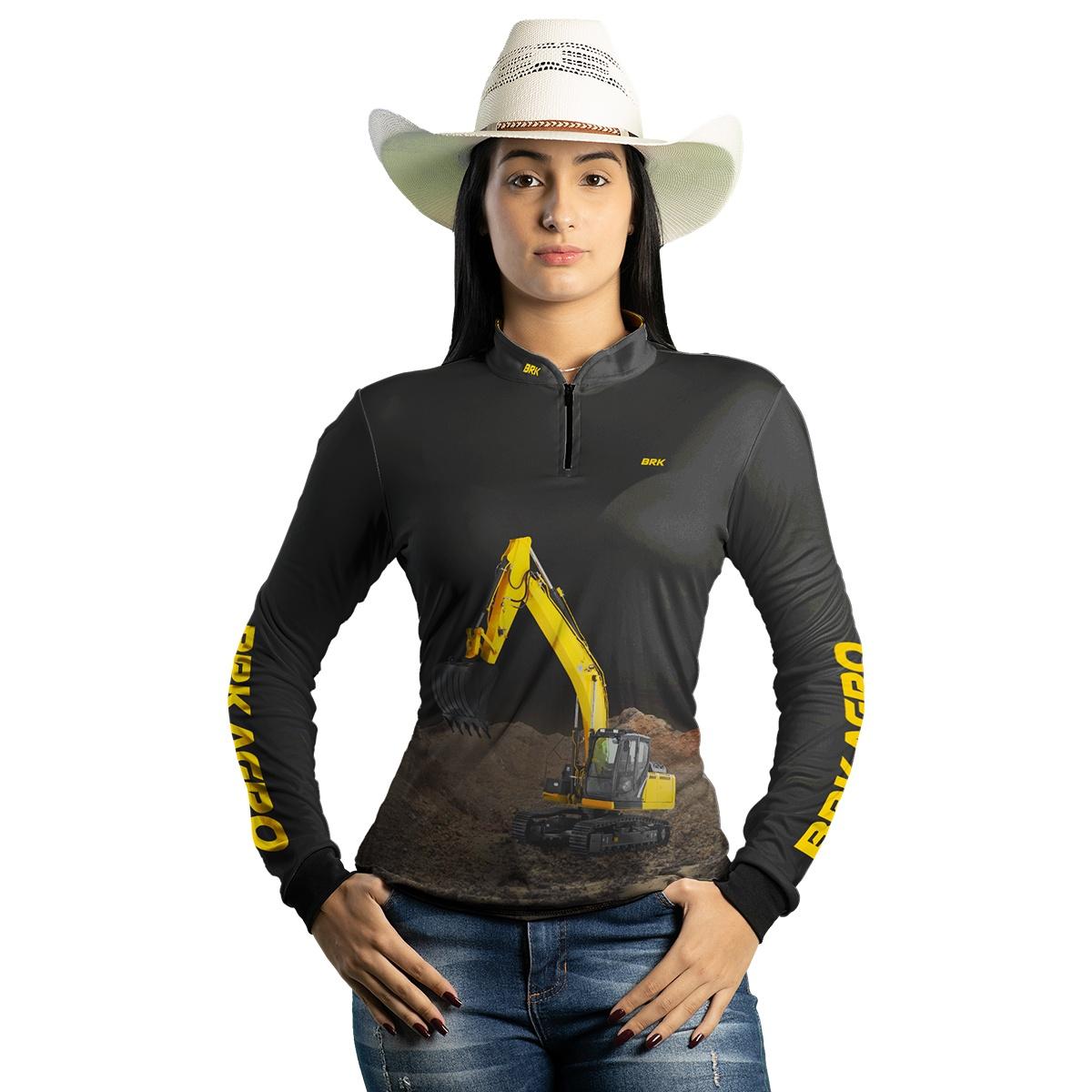 Camisa Agro Feminina Brk Amarela e Preta Escavadeira com UV50+