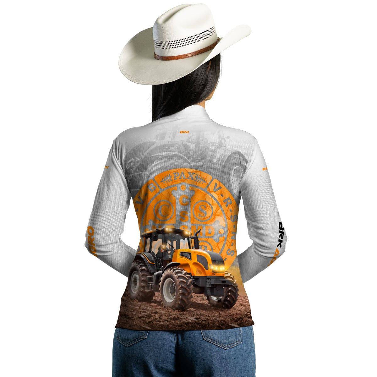 Camisa Agro Brk Trator São Bento Laranja e Branco com Proteção Solar UV50+