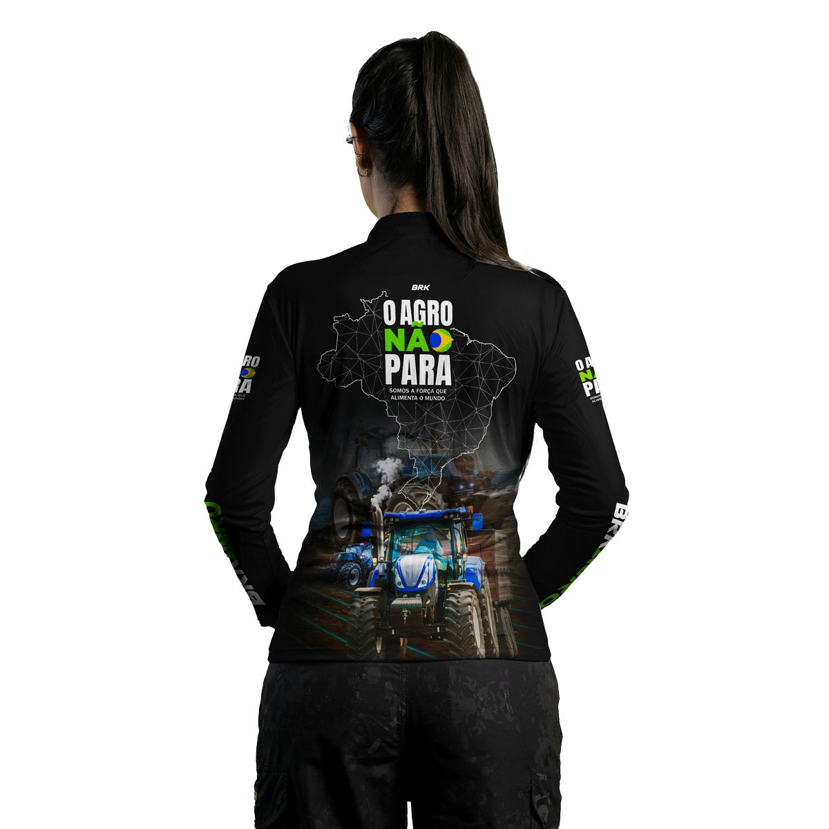 Camisa Agro Feminina Brk O Agro Não Para Trator Azul com UV50+