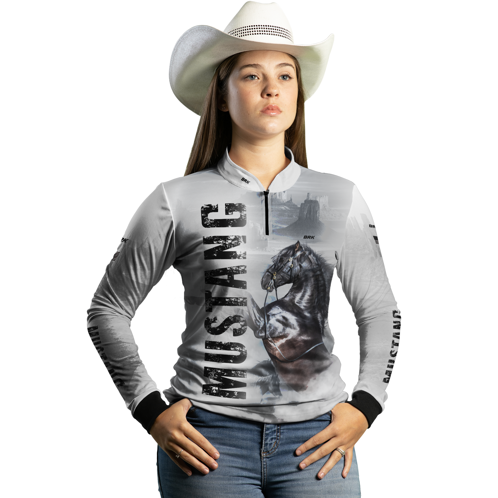 Camisa Agro Brk Branca Cavalo Mustang com Proteção Solar UV50+