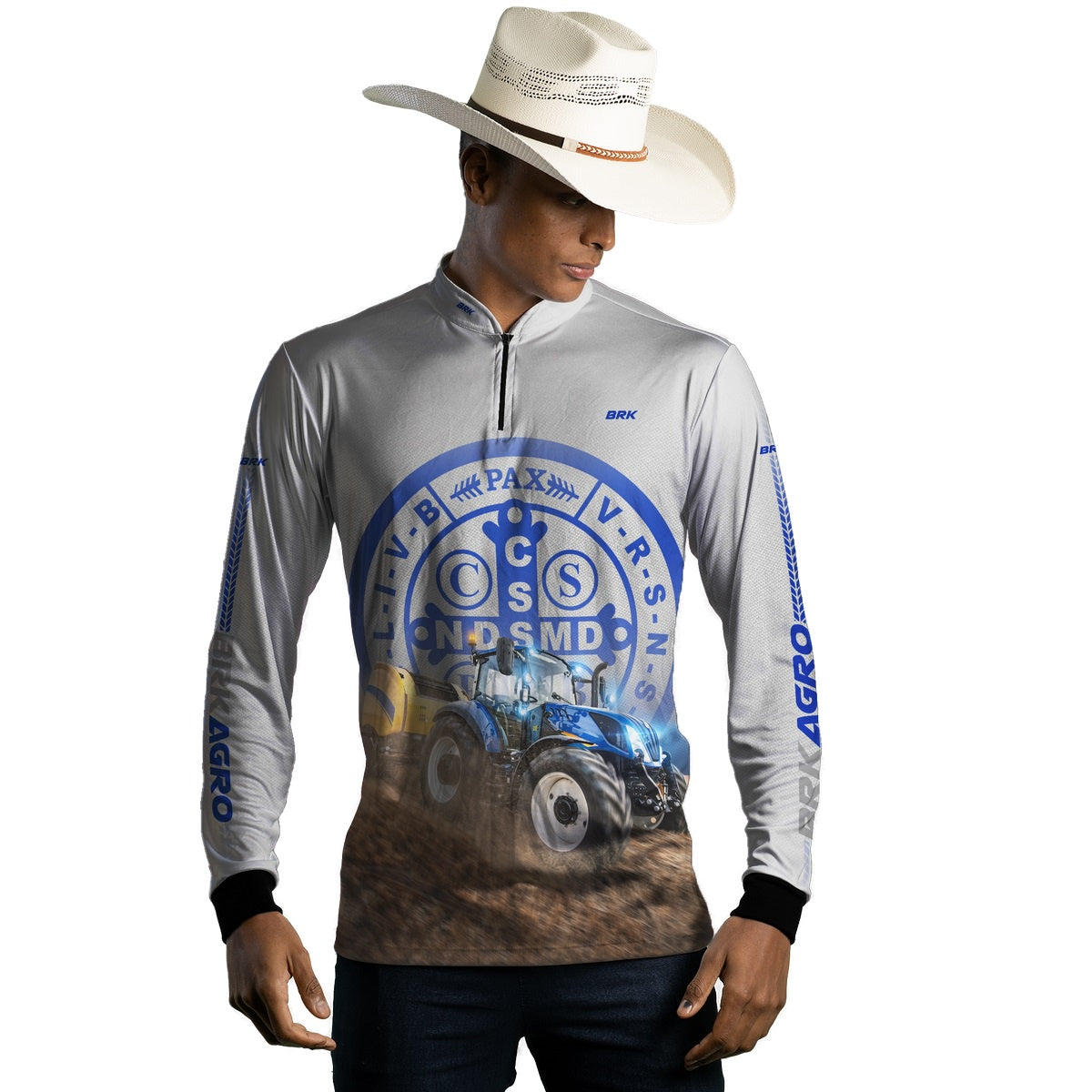 Camisa Agro Brk Trator Azul e Branco São Bento com Proteção Solar UV50+