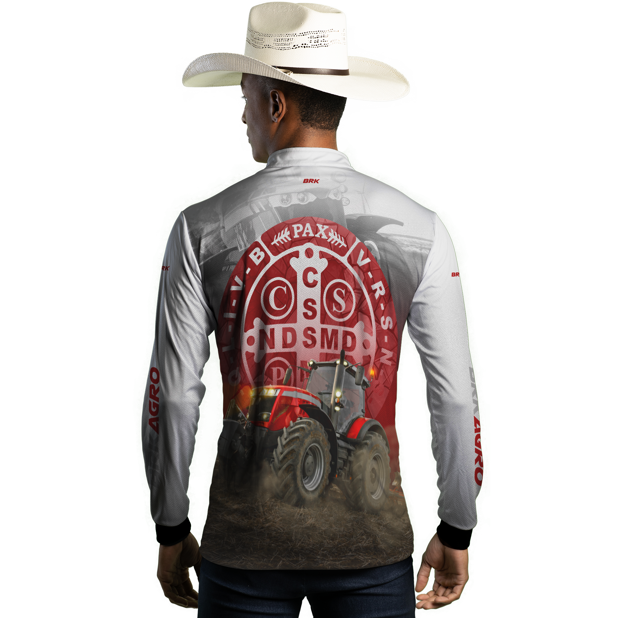 Camisa Agro Brk Trator São Bento Branco e Vermelho com Proteção Solar UV50+