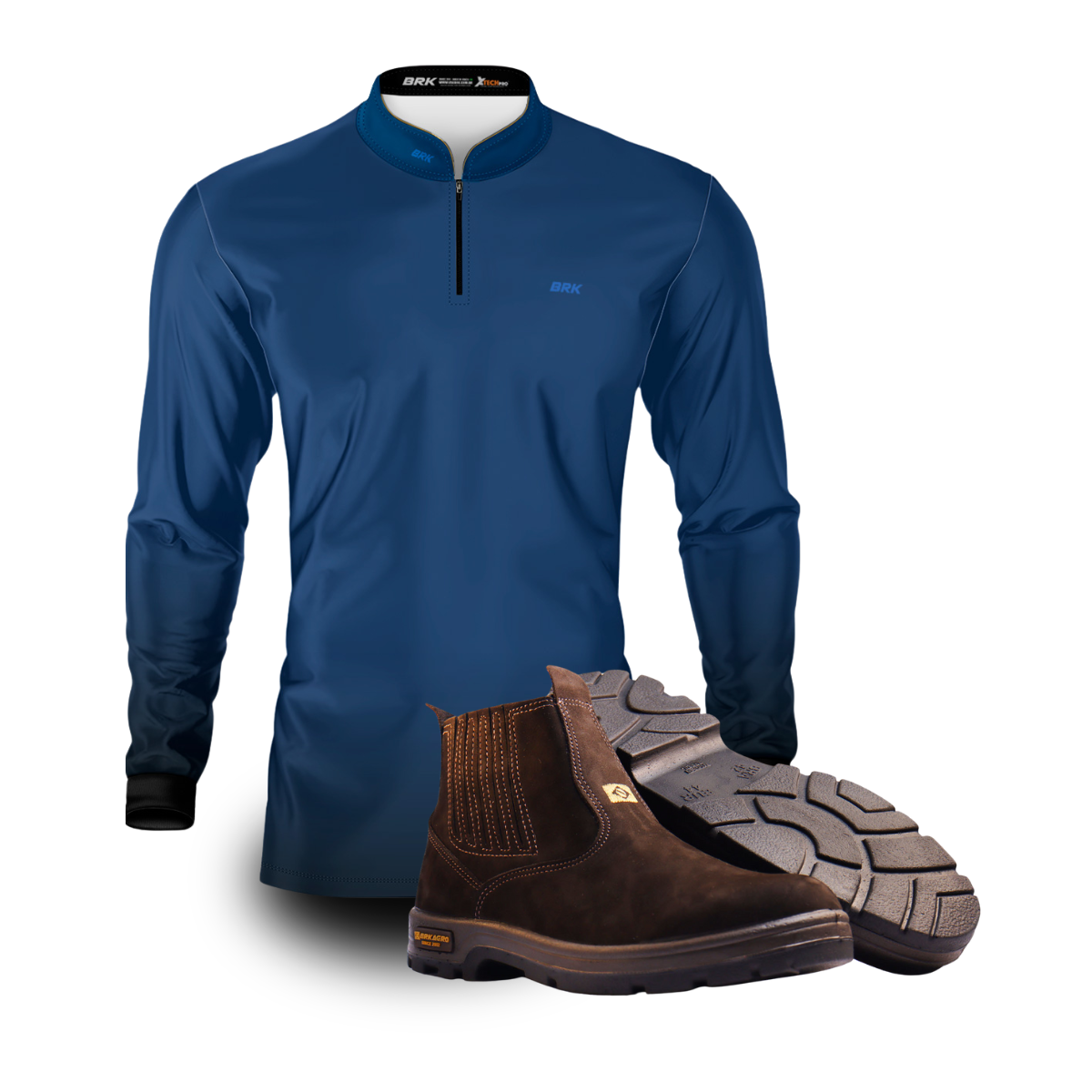 Camiseta esportiva azul de manga longa com zíper no pescoço e botas de couro marrom para trabalho