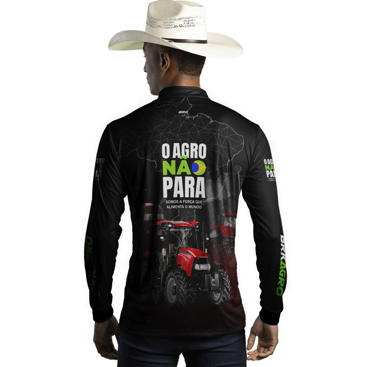 Camisa Agro Brk Preta e Vermelho O Agro Não Para com Proteção Solar UV50+