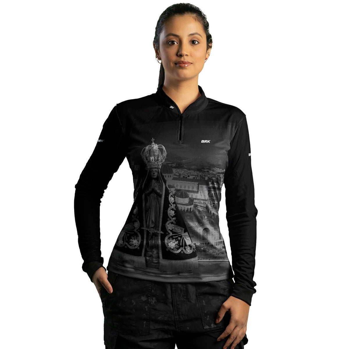 Camisa Agro Feminina Brk Preta Nossa Senhora Aparecida com Proteção Solar UV50+