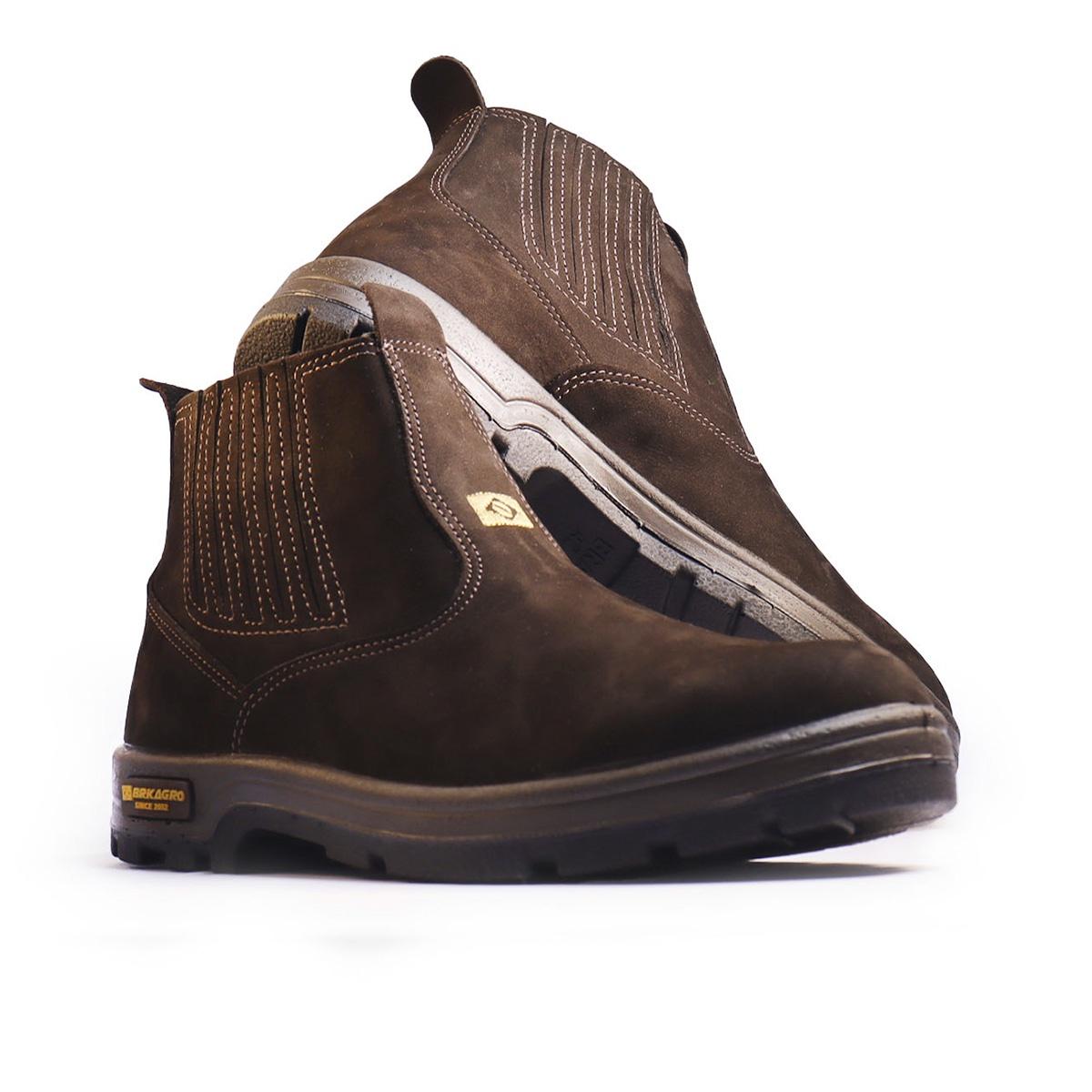 Botas de couro marrom escuro Brk Agro com costura branca e solado antiderrapante