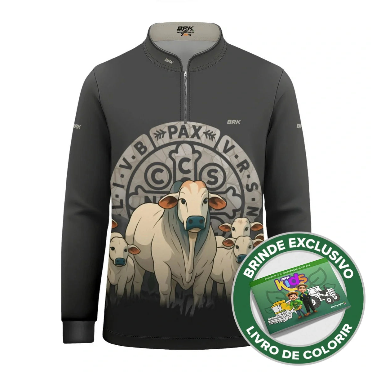 Camisa UV50 Agro Infantil Brk Medalha Sao Bento Cinza e Vaquinhas