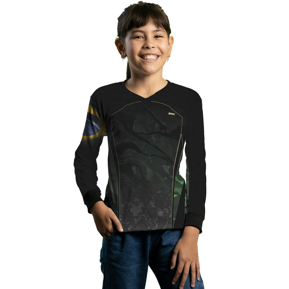 Camisa Agro Infantil Brk Infantil Camuflada Bandeira do Brasil com Proteção Solar UV50+
