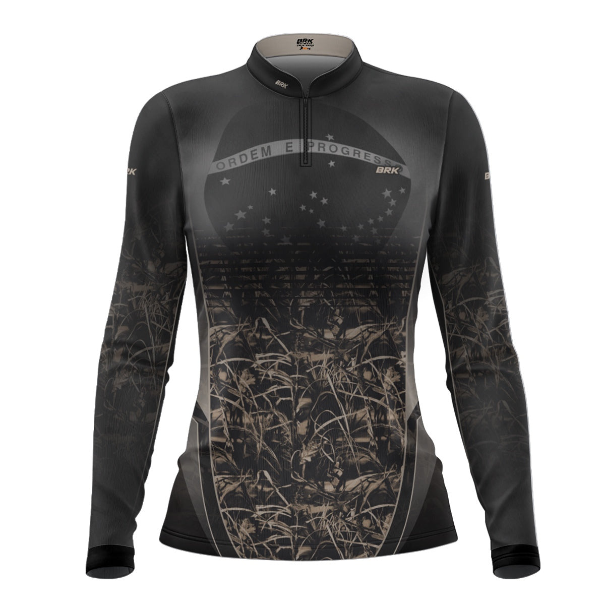 Camisa Agro Feminina Brk Camuflada Cinza com Bandeira do Brasil com Proteção Solar UV50+