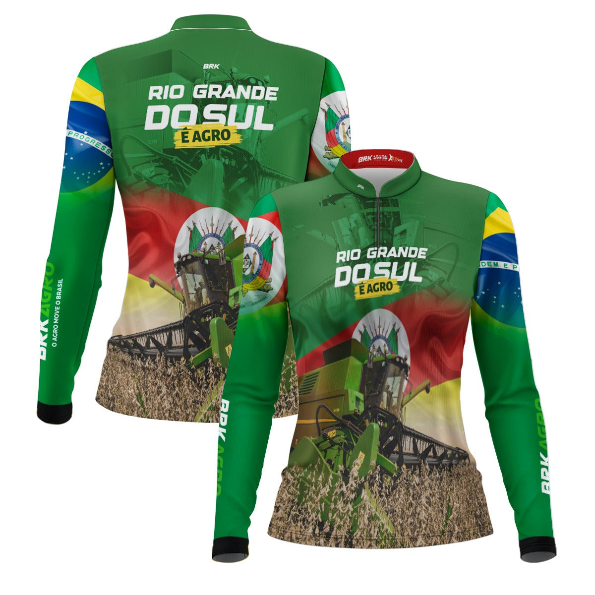 Camisa Agro Feminina Brk Colheitadeira e Rio Grande do Sul é Agr UV50+