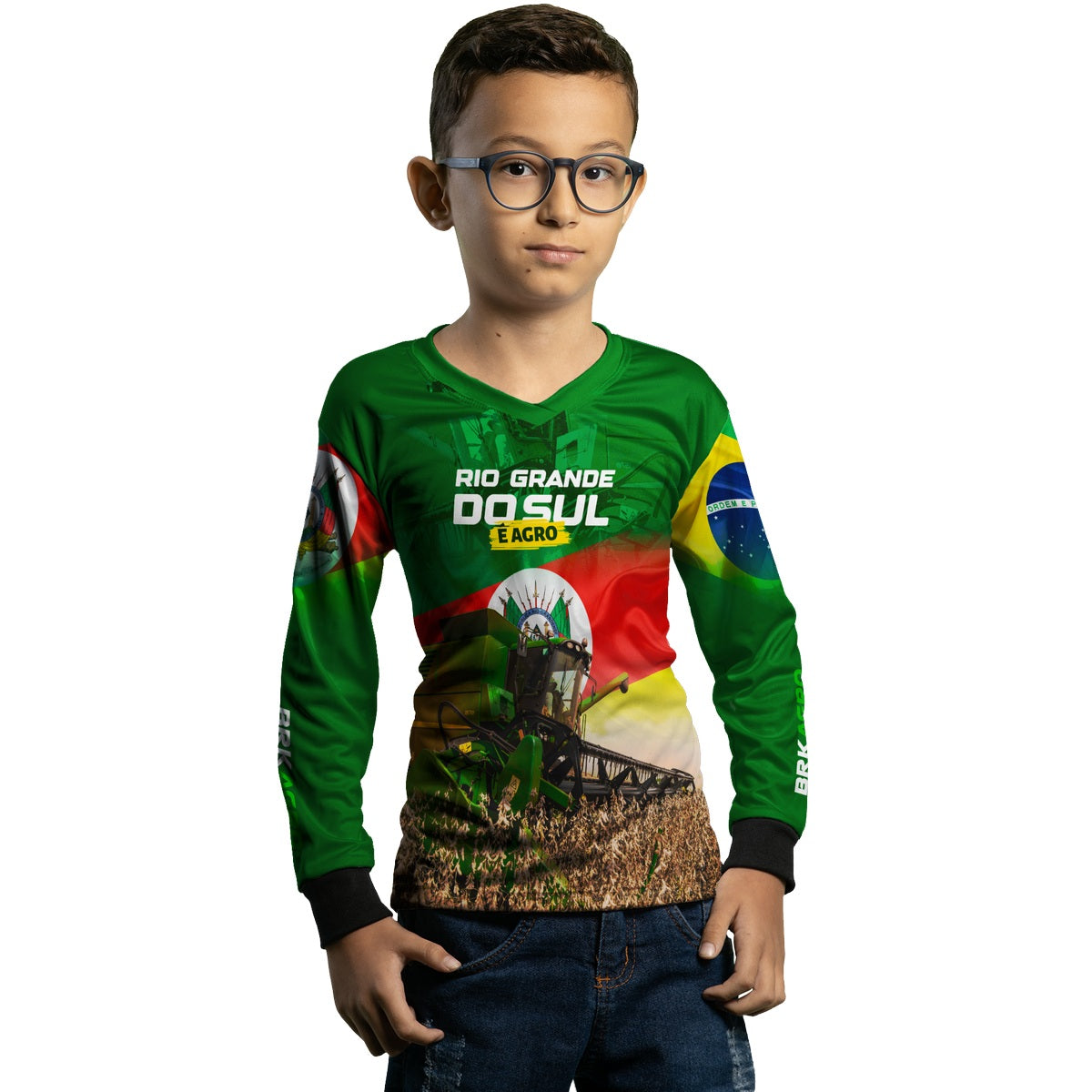 Camisa Infantil Agro Brk Colheitadeira e Rio Grande do Sul é Agro com Proteção Solar UV50+