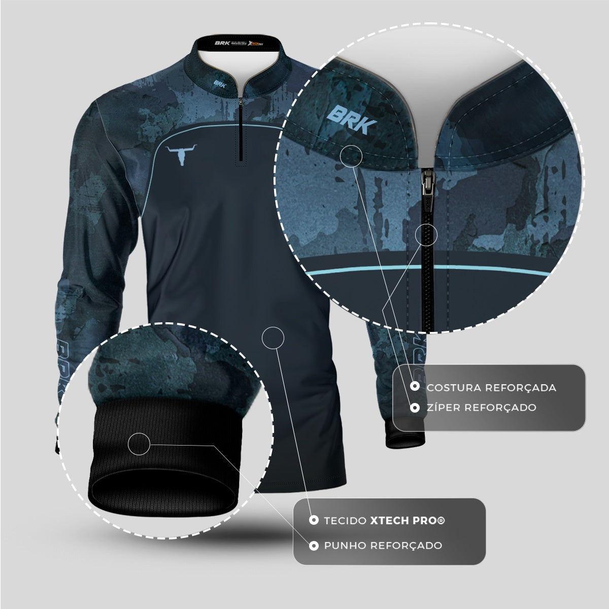 Camisa Agro Brk Camo Long Horn Brasil Azul com Proteção Solar UV50+