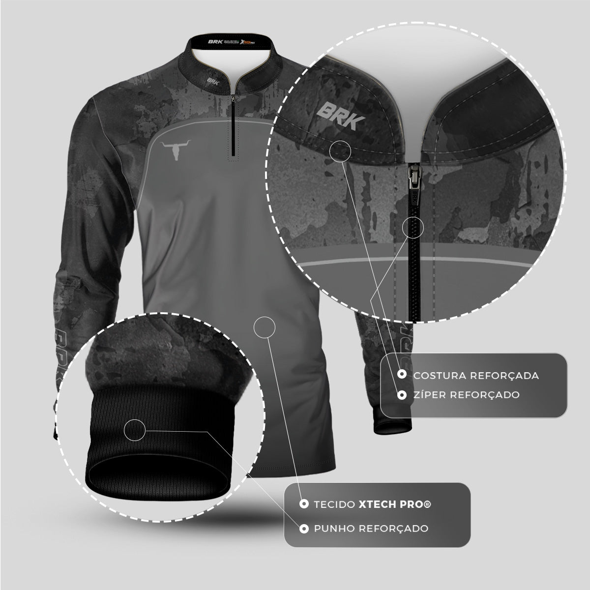 Camisa Agro Brk Camo Long Horn Brasil Cinza com Proteção Solar UV50+