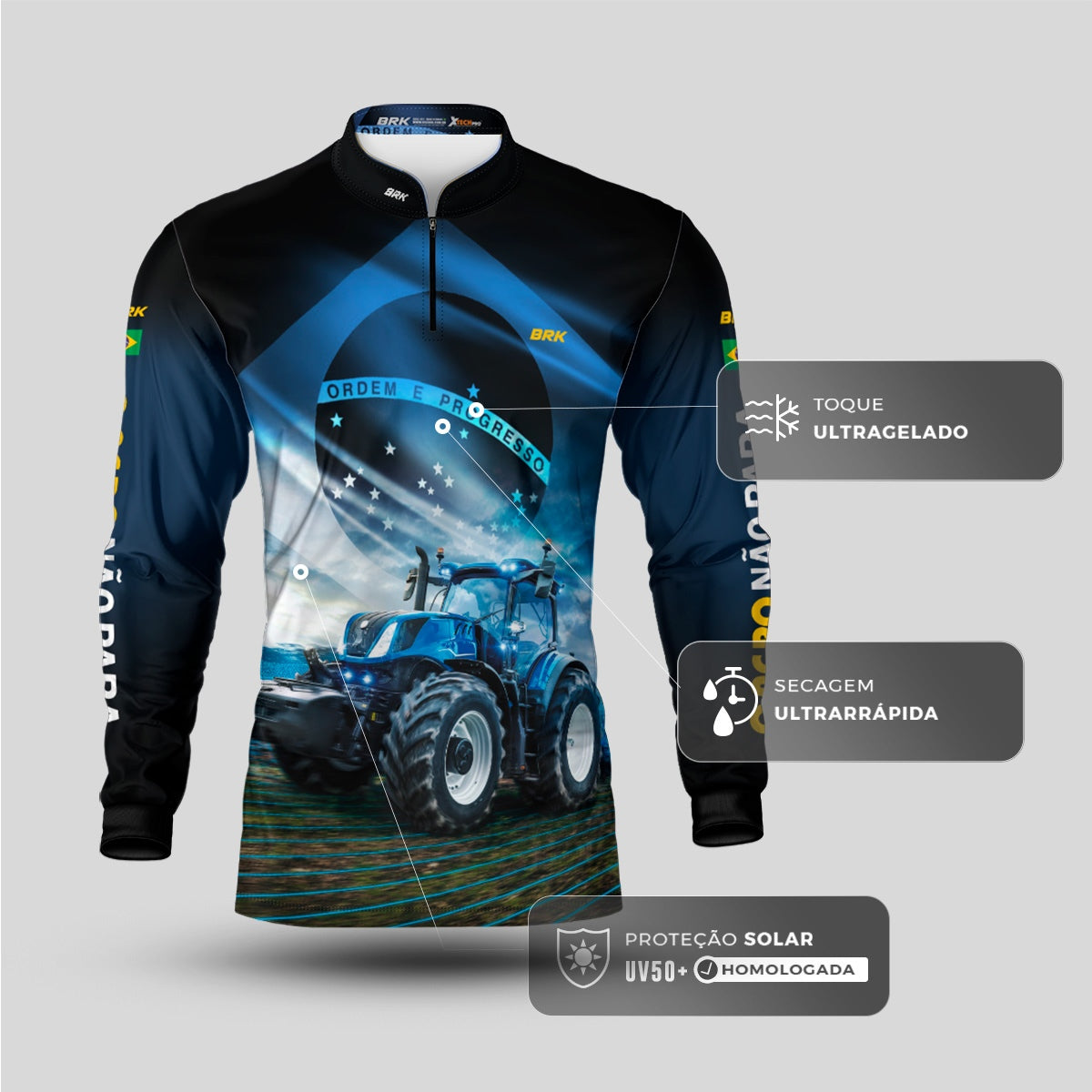 Camisa Agro Brk O Agro Não Para Azul Proteção Solar UV50+
