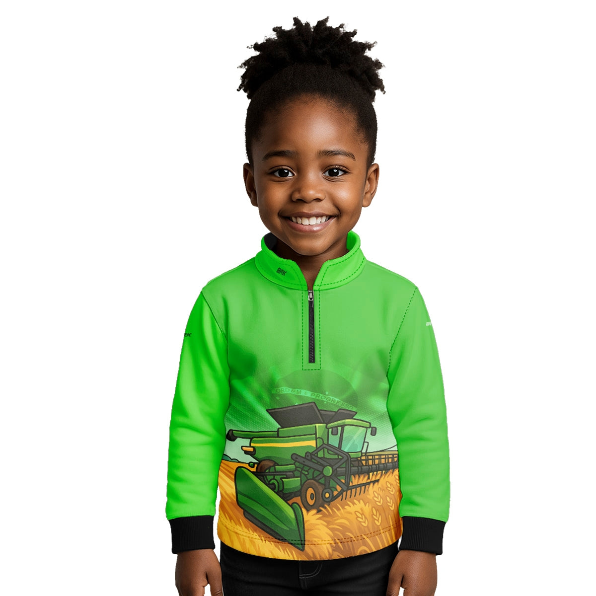Camisa Agro Kids Brk Verde Colheitadeira com Proteção UV50 + Brinde