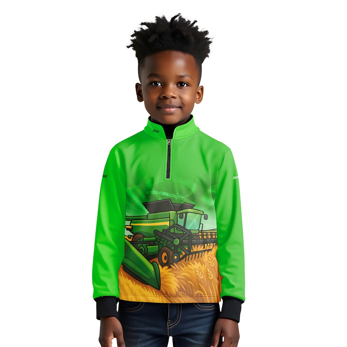 Camisa Agro Kids Brk Verde Colheitadeira com Proteção UV50 + Brinde