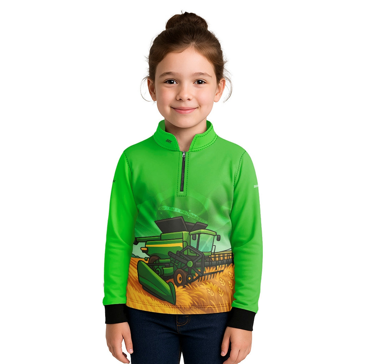 Camisa Agro Kids Brk Verde Colheitadeira com Proteção UV50 + Brinde