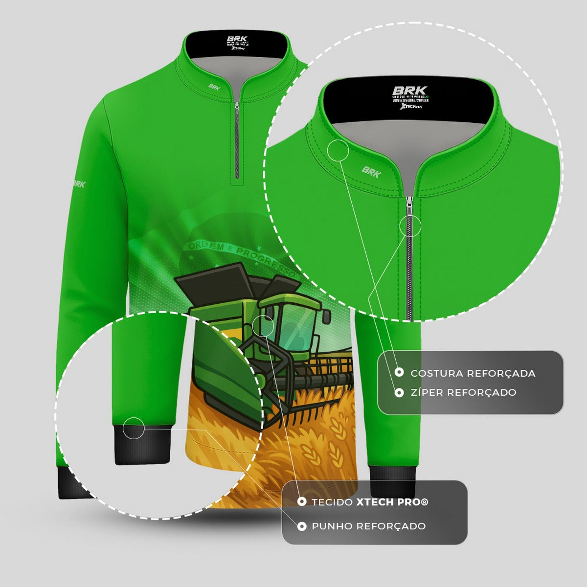 Camisa Agro Kids Brk Verde Colheitadeira com Proteção UV50 + Brinde