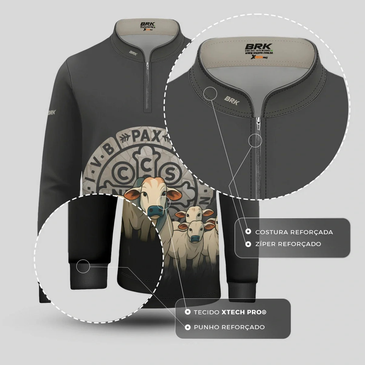 Camisa UV50 Agro Infantil Brk Medalha Sao Bento Cinza e Vaquinhas