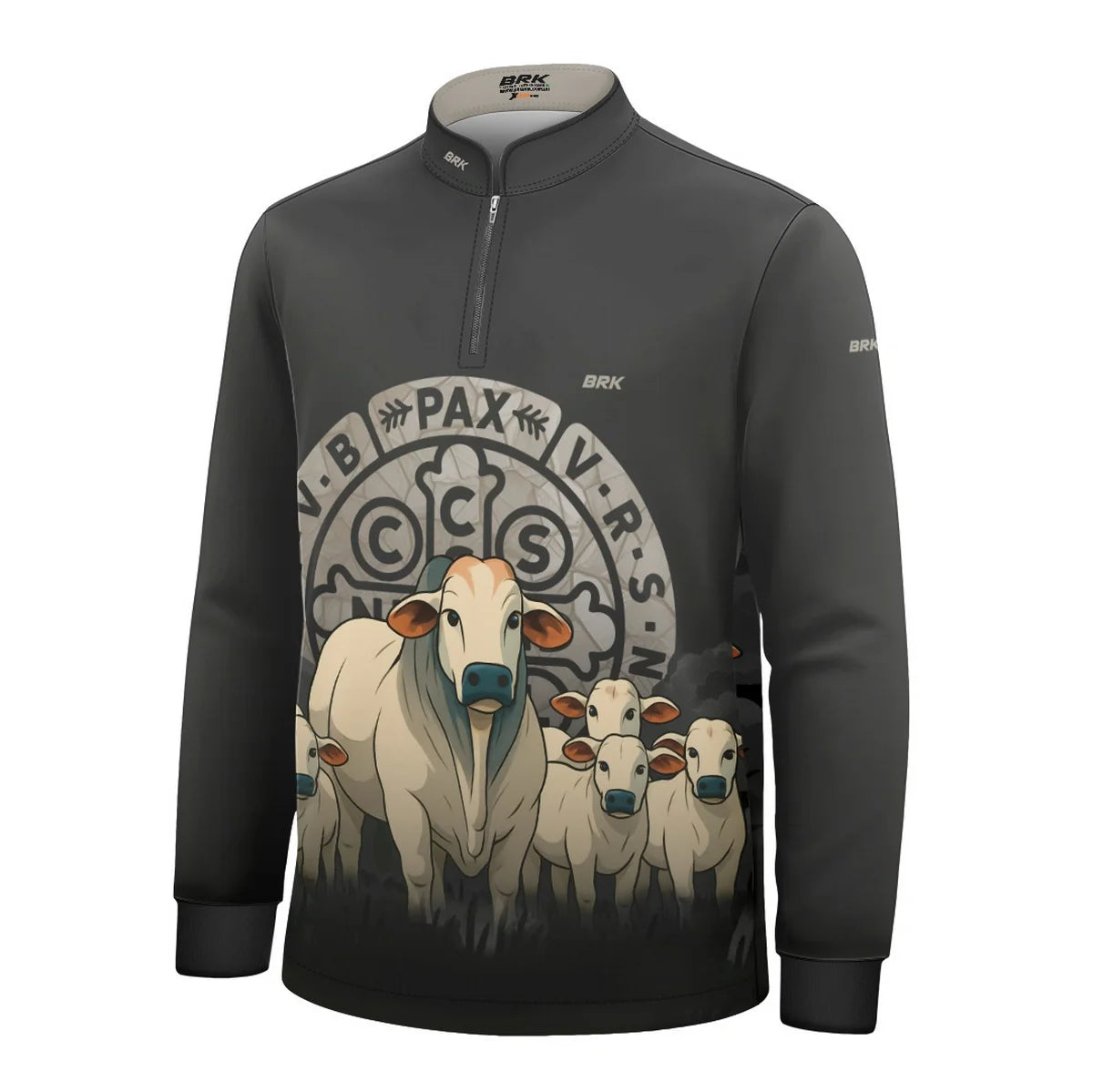 Camisa UV50 Agro Infantil Brk Medalha Sao Bento Cinza e Vaquinhas