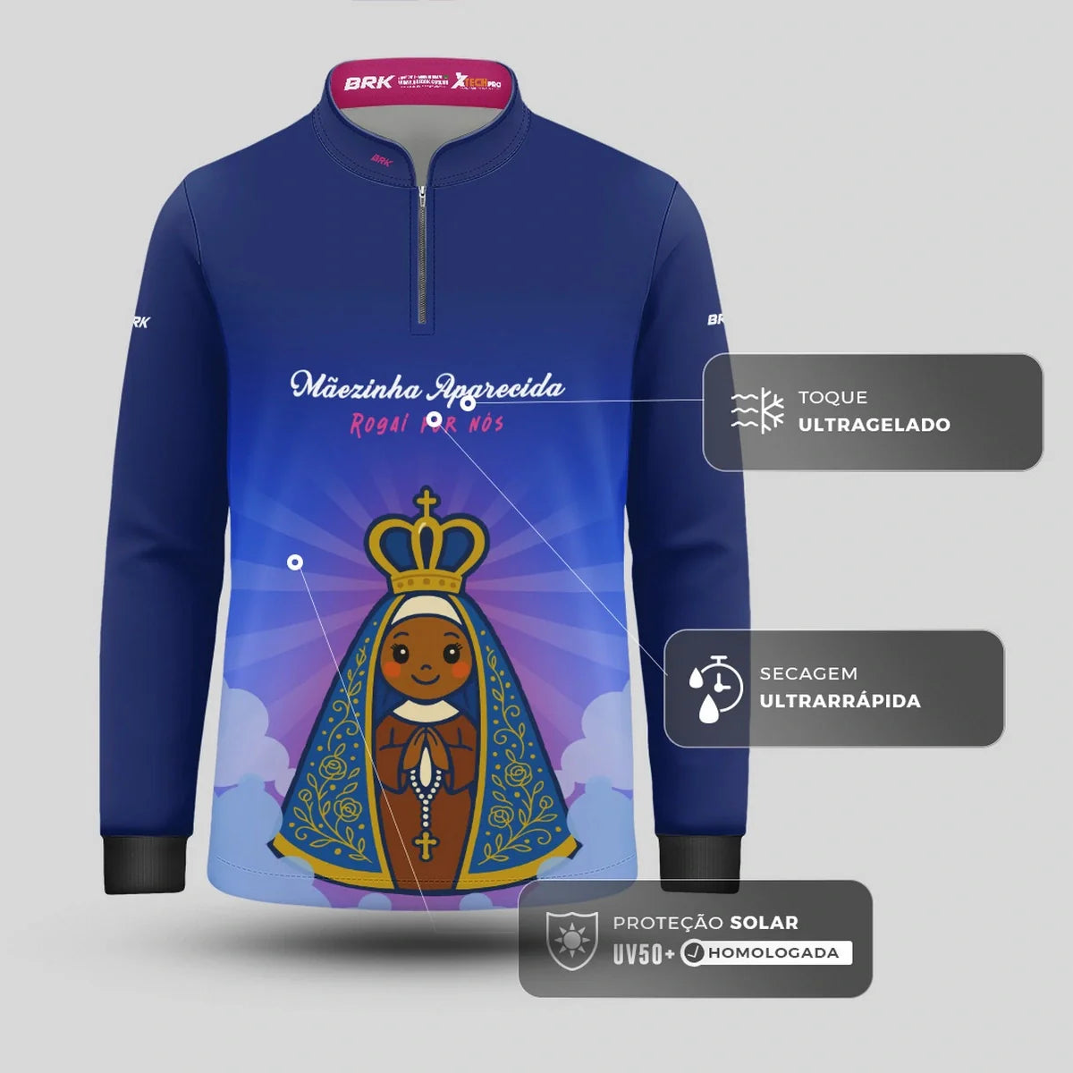 Camisa UV50 Agro Infantil Brk Mãezinha Aparecida Rogai Por Nós