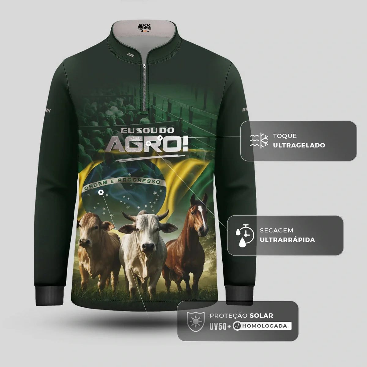 Camisa UV50 Agro Infantil Brk Eu Sou do Agro Verde Pecuária Brasil