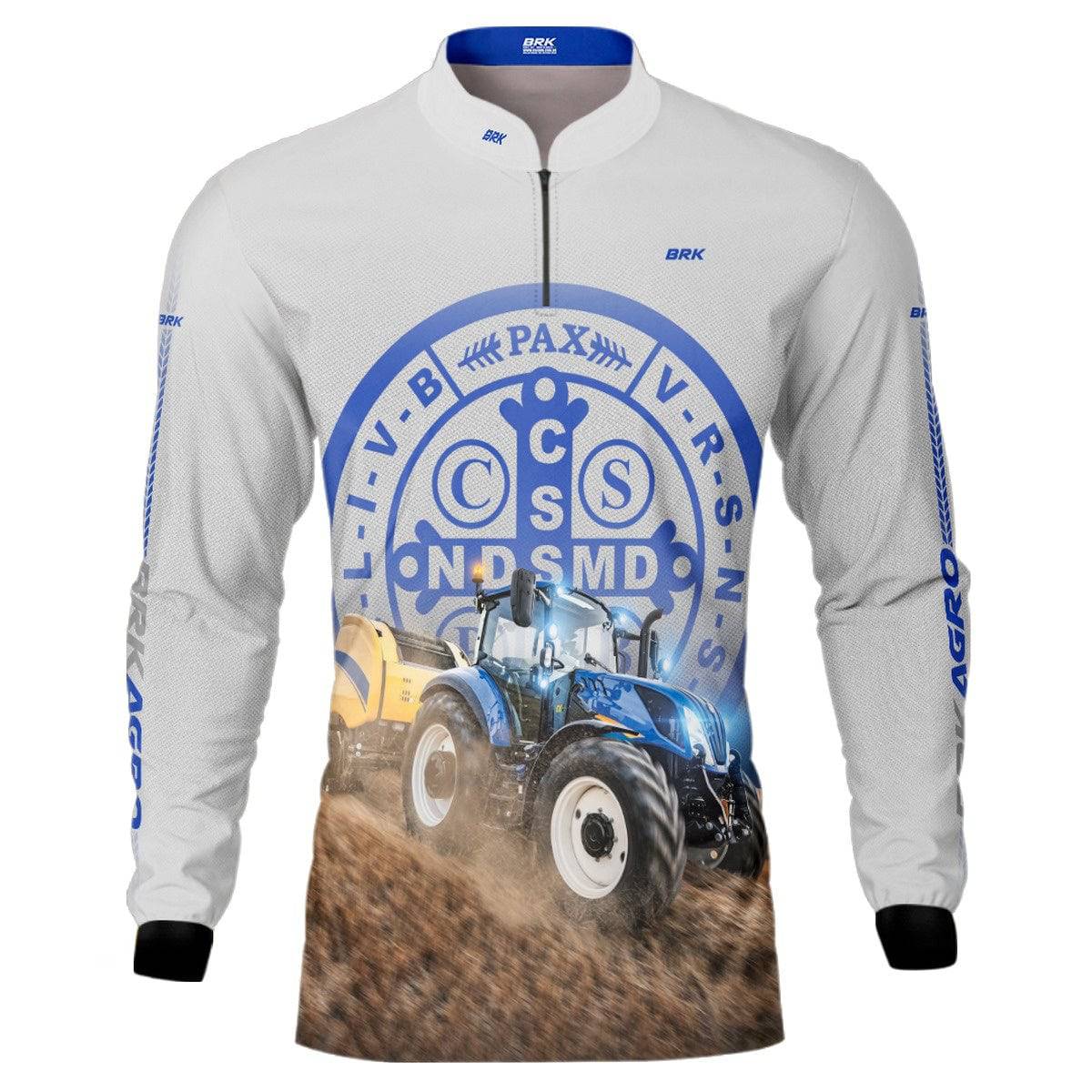 Camisa Agro Brk Trator Azul e Branco São Bento com Proteção Solar UV50+