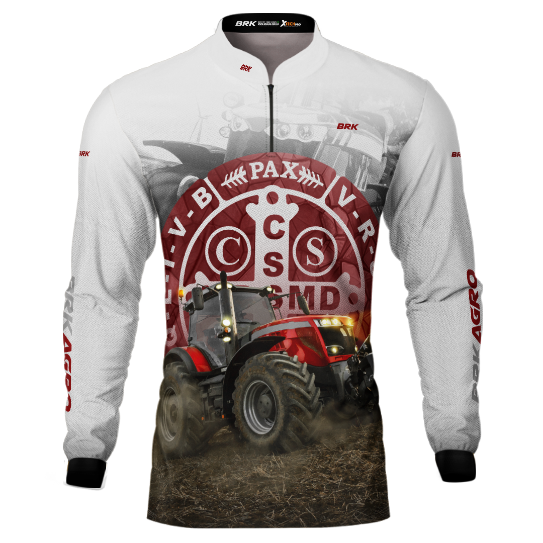 Camisa Agro Brk Trator São Bento Branco e Vermelho com Proteção Solar UV50+