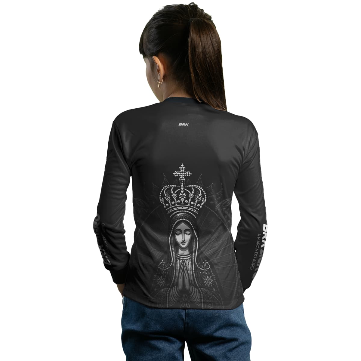 Camisa Infantil Agro Brk Feminina Preta Nossa Senhora com Proteção Solar UV50+