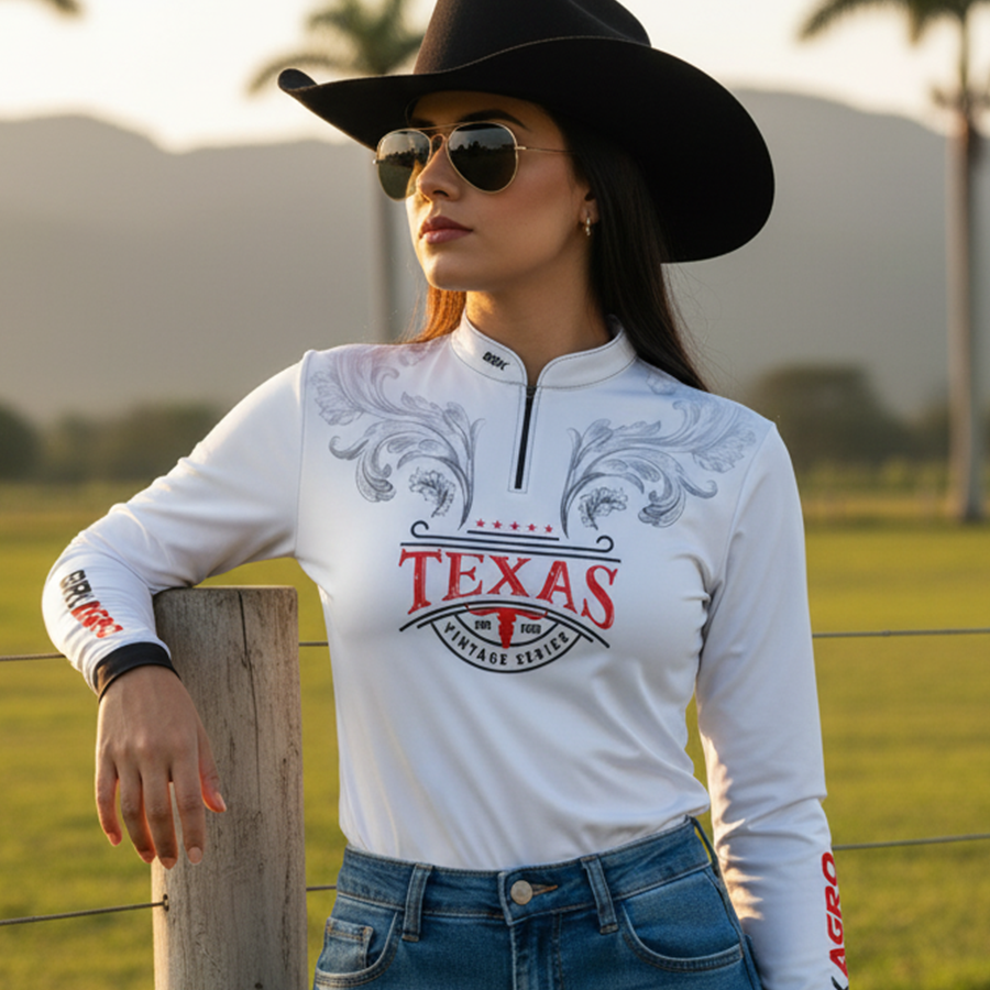 Camisa Agro Feminina Brk Texas Vintage Branca com Proteção com Proteção Solar UV50+