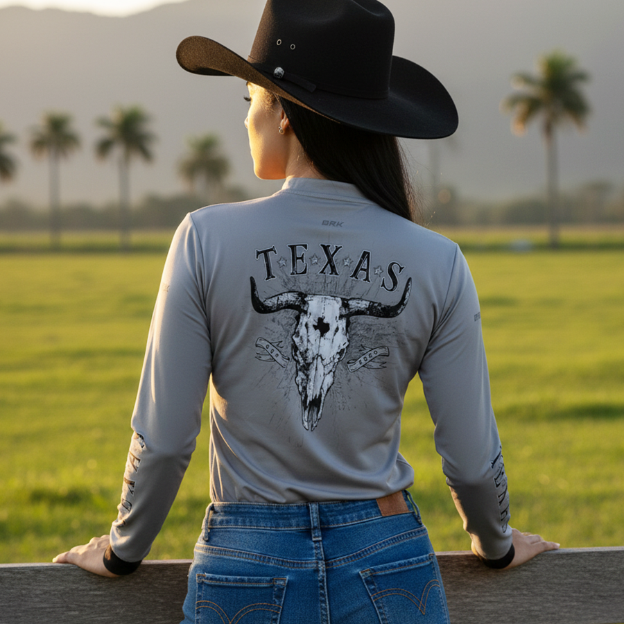 Camisa Agro Feminina Brk Clean Cinza Texas Long Horn com Proteção UV50+