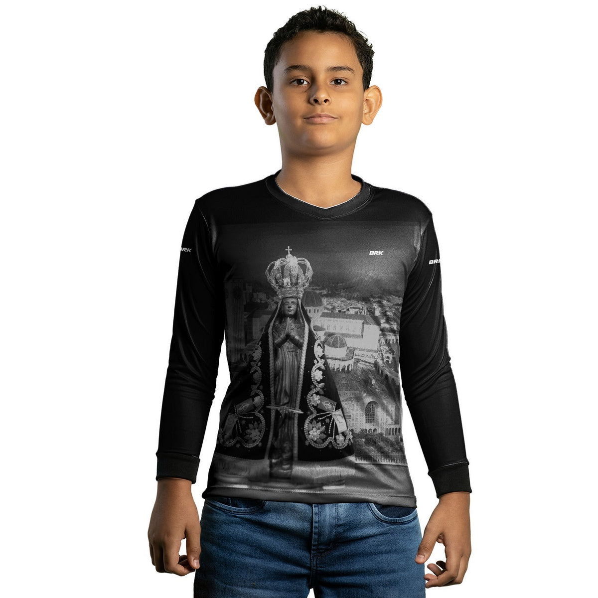 Camisa Infantil Agro Brk Preta Nossa Senhora Aparecida com Proteção Solar UV50+