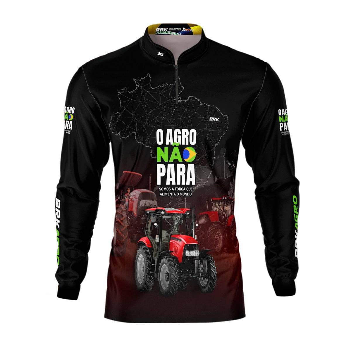 Camisa Agro Brk Preta e Vermelho O Agro Não Para com Proteção Solar UV50+