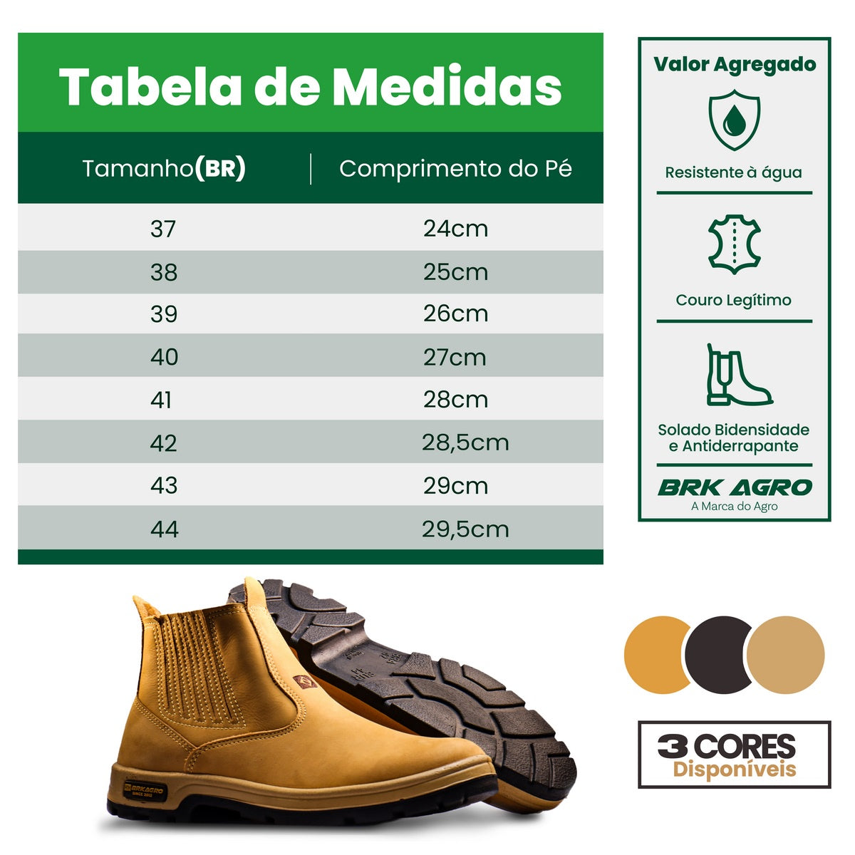Botas BRK Agro em couro legítimo resistentes à água, tabela de tamanhos e cores disponíveis