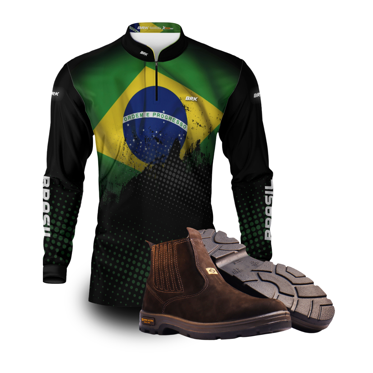 Camisa térmica Brasil com estampa da bandeira e bota de couro marrom à frente com solado antiderrapante