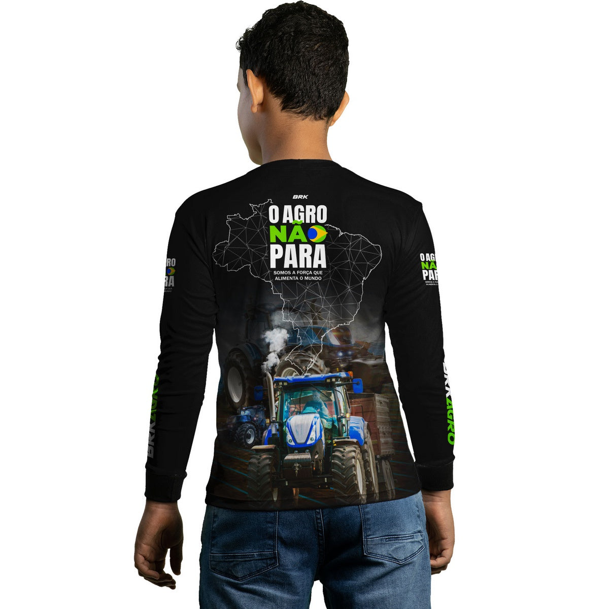 Camisa Infantil Agro Brk O Agro Não Para Trator Azul com UV50+
